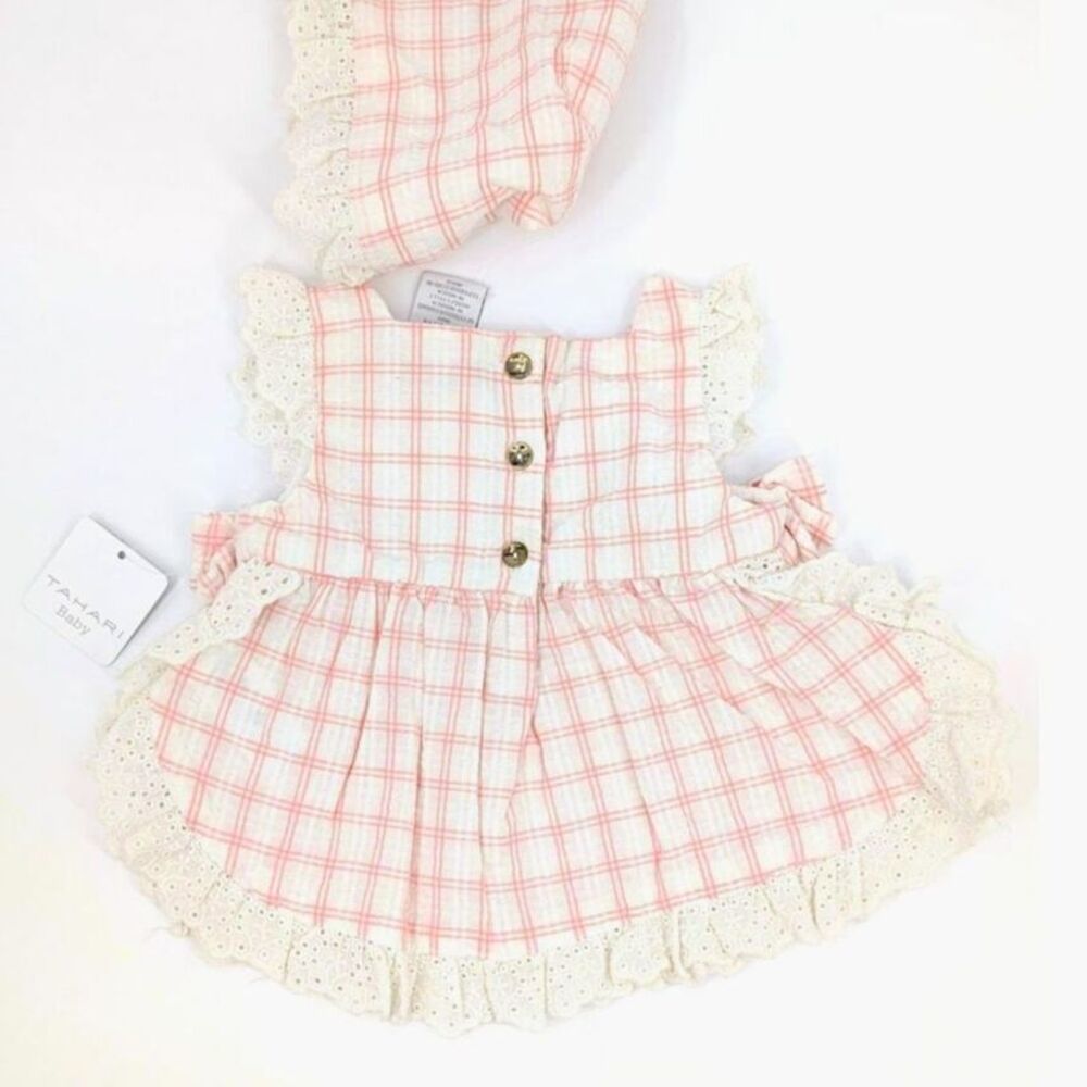 Tahati Baby Dress and Hat Set Girl 3-6 Months Pink Plaid Eyelet Ruffled Cottage - Picture 3 of 12